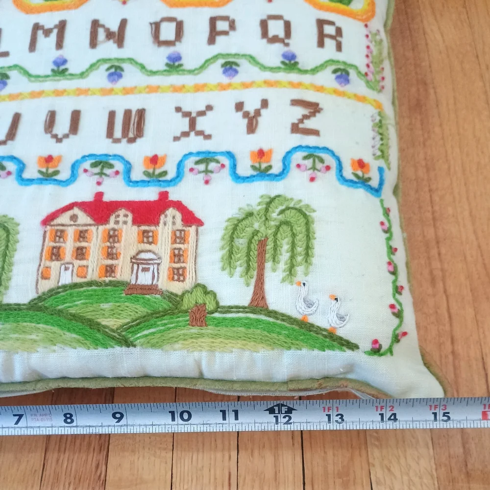 Vintage Finished Bucilla Needlecraft Sampler Decor Throw Pillow 15 X 15 READ
